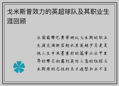 戈米斯曾效力的英超球队及其职业生涯回顾
